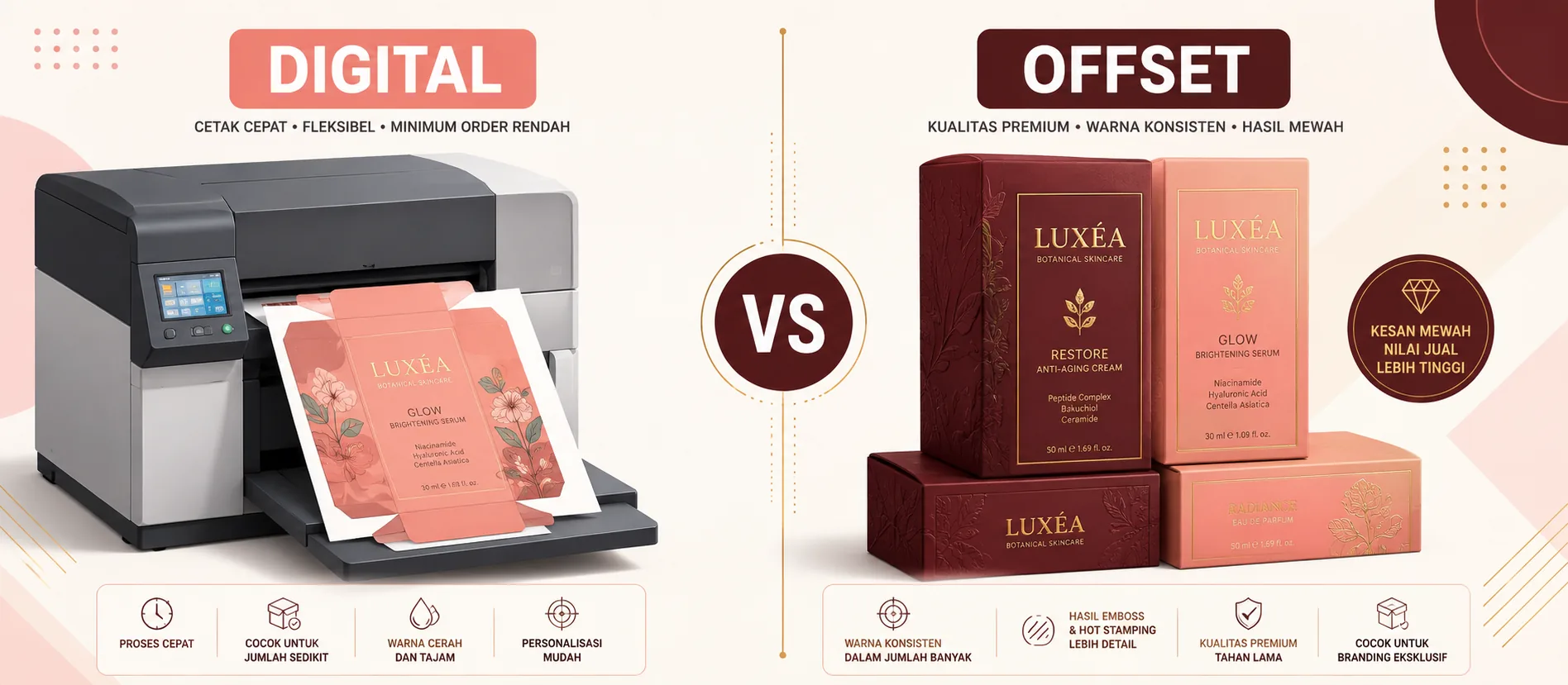 perbandingan cetak digital vs offset box kemasan custom UMKM